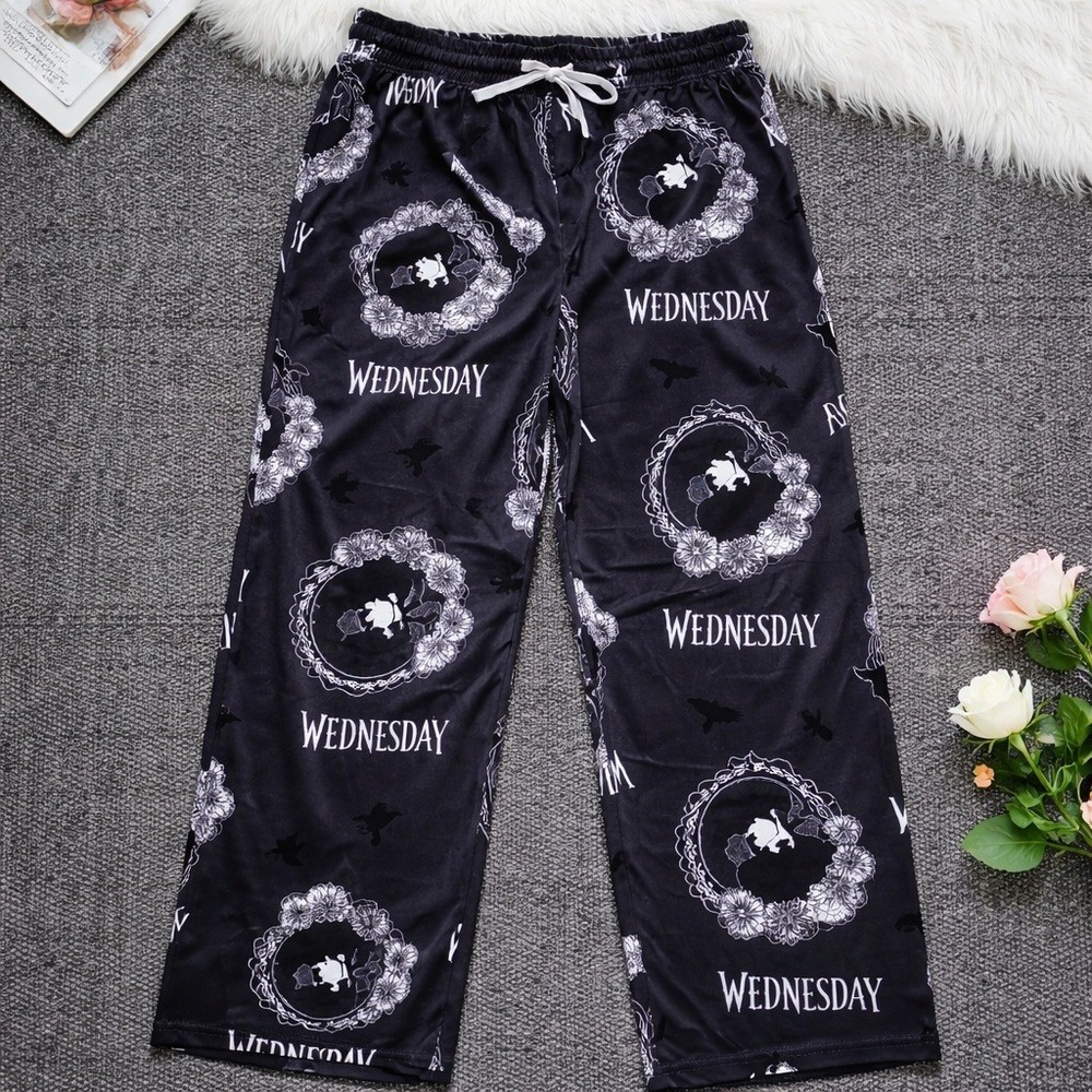 Mad Engine S Wednesday Addams Pajama‎ Pants Black Goth Lounge Bottoms Unisex NEW